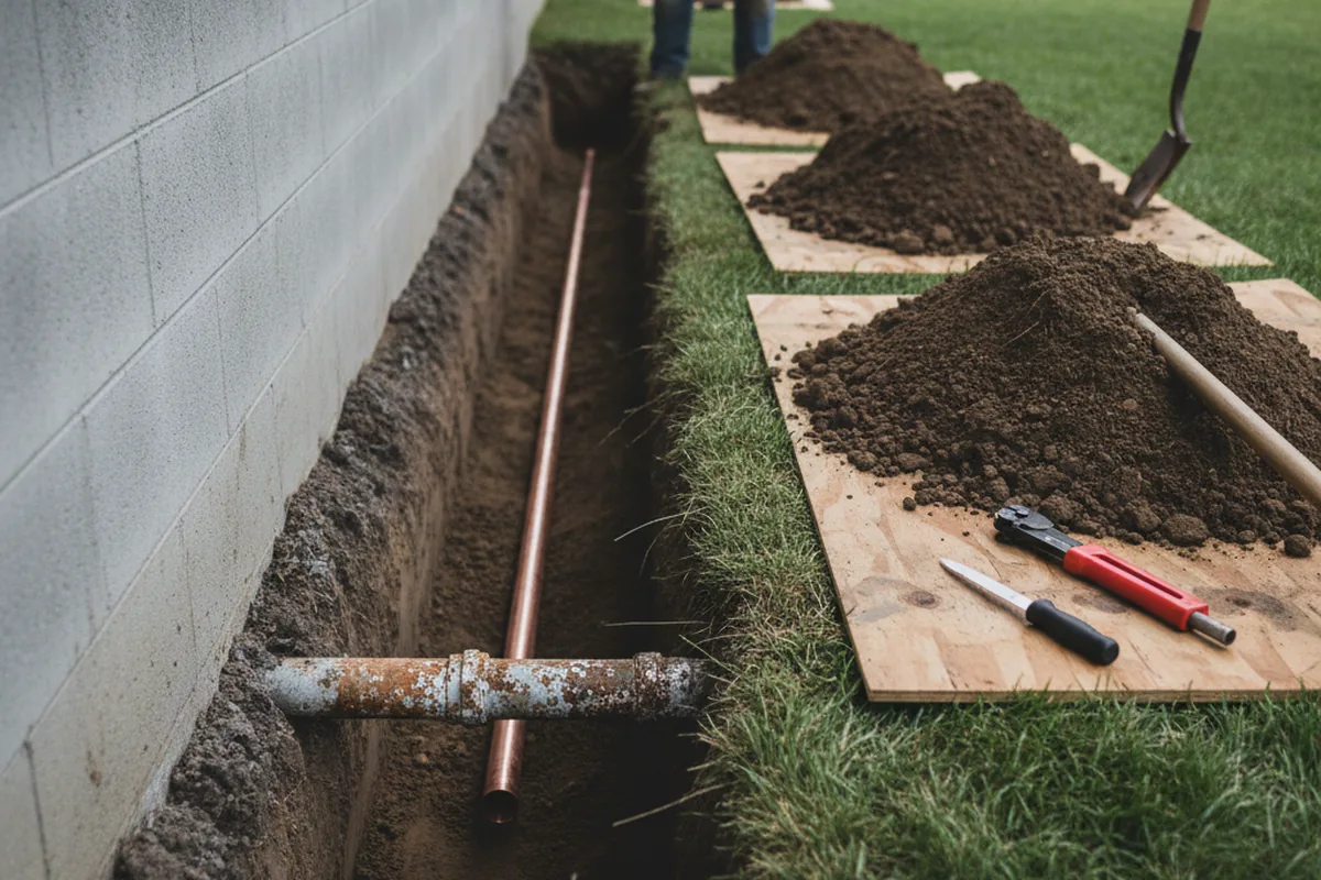 Excavated water line trench during Water Heater Repair in Wood Ridge